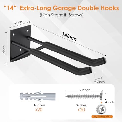 14" Garage Hooks Heavy Duty 8-Pack - Garage Storage System Hooks, Ladder Hooks for Garage Wall & Broom Holder Wall Mount | Non-Slip Tire Rack & Heavy Duty Wall Hooks for Hanging Ladders, Chairs. - Thumbnail 2