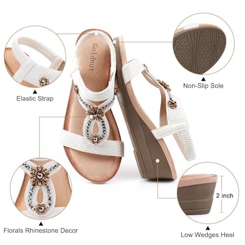 Goldnut White Wedge Sandals for Women Dressy, Woman's Sandal Comfortable White Low Wedges Heels Ankle Elastic Strap Sandles with Flower Rhinestones Size 7 - Thumbnail 3