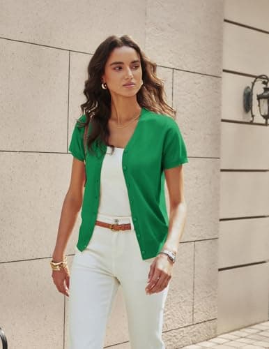 GRACE KARIN Summer Cardigan 2026 Knit Button Down Sweater Casual V Neck Short Sleeve Jacket Dressy (Green,L) - Thumbnail 3