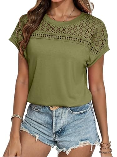 Glamaker Womens Tshirts Summer Casual Tops Trendy Cap Sleeve Lack Crewneck Knitted Dressy Fashion Tee Shirts Blusas Army Green S - Image 1
