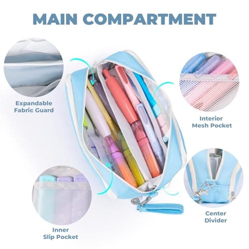 Four Candies Blue Pencil Case 3 Compartment Pouch, Large Pencil Pouch for School, Girls, Teen Boys, Women, Blue, Removable Handle & Zipper, Cute Pencil Bag for Office, College - Thumbnail 5