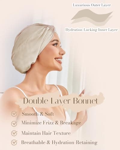 HFRHTGY Adjustable Silk Satin Hair Bonnet for Sleeping Women Hair Wrap, Double Layer Night Turban, Sleep Cap for Natural Curly Straight Unisex - Champagne - Thumbnail 3