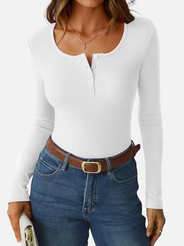 GKBK Womens White Long Sleeve Shirts Ribbed Slim Fitted Tight Henley Shirts Scoop Neck Cute Basic Tee Tshirts Spring Fall Tops 2025 Trendy White M - Thumbnail 2