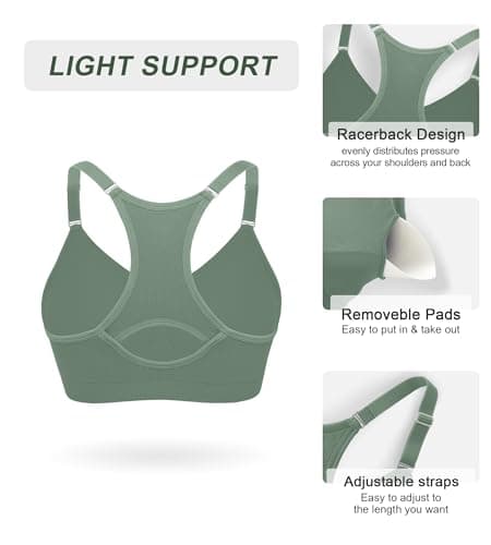 ULTREAGLE Womens Comfortable Sports Bra - Racerback Light Support Padded Yoga Bra Adjustable Spaghetti Strap Workout Bra Tops, Green, S - Thumbnail 3