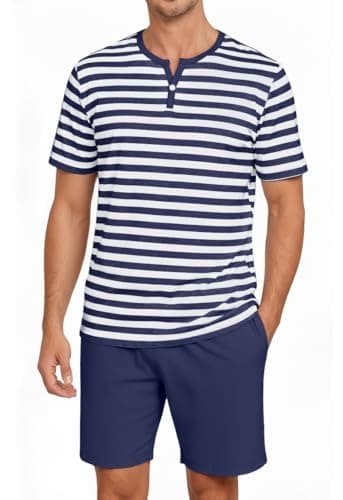 PrinStory Men's Pajamas Set Short Sleeve Pjs 2 Piece Comfy Pajama Sleepwear Henley Loungewear Sets with Pockets Dark Blue Stripe-2XL - Image 1