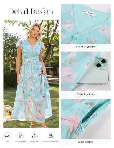 GRACE KARIN Women Summer Dress,Maxi Floral Dresses,Wedding Guest Flowy Dress 2026 Mint Green with Light Pink Roses M - Thumbnail 3
