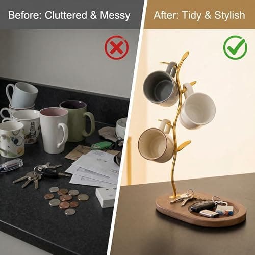 ZOESEEK Gold Coffee Mug Tree with Wooden Base, 5-Hook Coffee Mug Stand for Kitchen Counter, Elegant Metal Mug Tree for Counter, Mug Holder for Coffee Mugs, Tea Cups, Home Decor & Housewarming Gift - Thumbnail 5