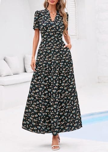 KIRUNDO Womens Summer Floral Maxi Dress Short Sleeve V Neck Boho Long Flowy Casual A Line Dresses 2026 Beach Vacation Outfits(Black Yellow Flower, Small) - Thumbnail 6