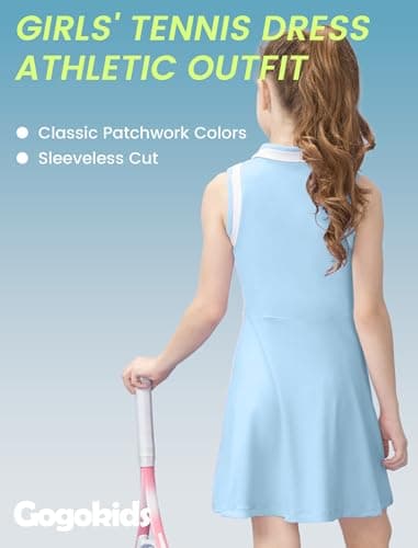 Gogokids Girls Tennis Dress Sleeveless Quick Dry Athletic Polo Dress for Golf Activewear Sports Outfit, Blue, 6-7 Years, 120 - Thumbnail 6