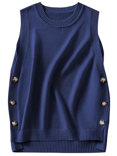 ANRABESS Womens Sweater Vest Summer Sleeveless Crewneck Ribbed Knit Side Button Loose Pullover Tank Tops 2026 Fall Outfits Navy Blue Large - Image 1