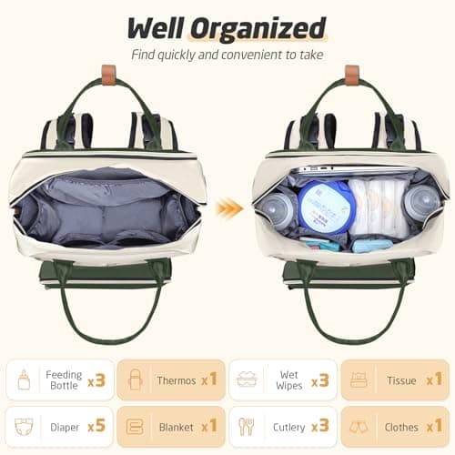 Tonyeee Diaper Bag Backpack - Extra Large Diaper Bag for 2 Kids Twin, Travel Baby Bags for Mom Dad 25-37L Expandable with Changing Pad Earphone Hole, Apricot Green - Thumbnail 5