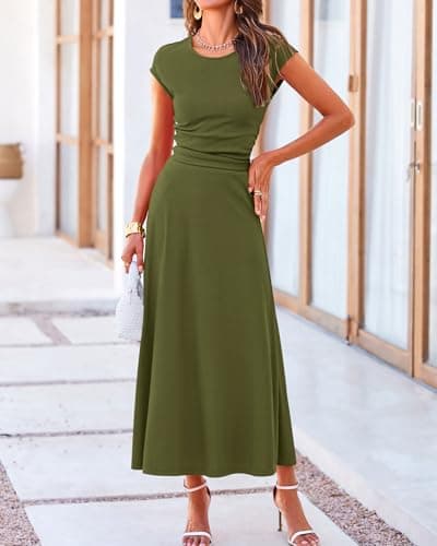 BTFBM Summer Outfits For Women 2026 Two Piece Sets Casual Crew Neck Short Sleeve Cropped Spring Tops Midi Skirt Lounge Set(Army Green, Large) - Thumbnail 4