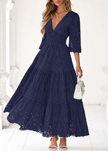 Lazysmile Long Sleeve Dresses for Women V Neck Hollow Out Eyelet Ruffle Swing A-Line Fall Vacation Boho Maxi Dress Navy - Thumbnail 5