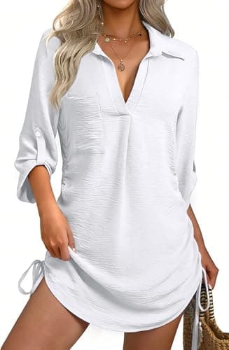 GKBK Women Swimsuit Coverup Bathing Suit Cover Ups for Swimwear Swim 2026 Spring Summer Outfits Fashion Clothes Pool Bikini Beachwear Drawstring Mini Beach Dress Shirt Pullover White S - Image 1