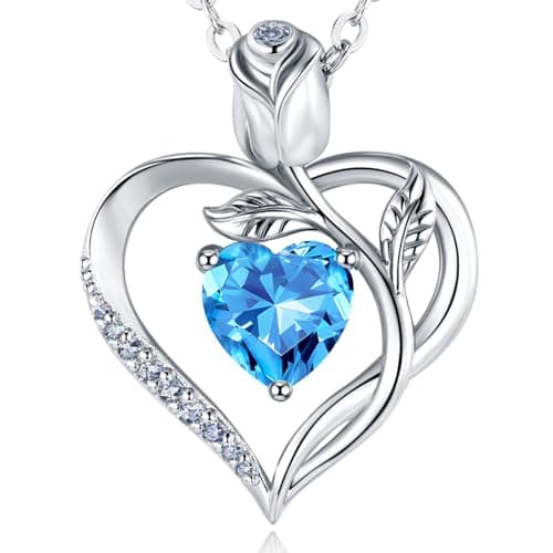 1.2CT Rose Heart Necklace Option of Moissanite or Lab-Grown Sapphire Ruby Emerald Necklace for Women Birthstone Girlfriend Necklace S925 Sterling Silver 18K White/Rose Gold Plated D Color VVS1 Gift for Wife Mother Daughter for Birthday Anniversary Christmas Engraved 'I Love You' (Mar/Dec Aquamarine Silver) - Image 1