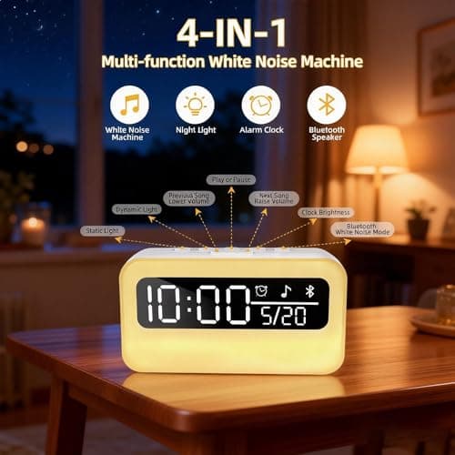 4-IN-1 White Noise Sound Machine with 24 Soothing Sounds, 4000mAh Rechargeable Camping light Bluetooth Speaker, Adjustable Night Light for Kids Adult with Time Display for Camping, Home, Party - Thumbnail 4