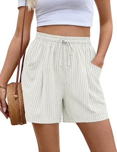 AKEWEI Woman Shorts Casual Wide Leg High Waisted Summer Cotton Pants Elastic Drawstring Tropical Dresses White Pinstripe S - Image 1