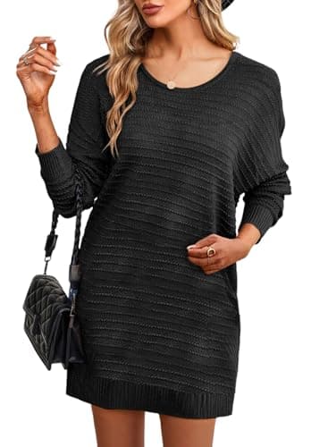 Dokotoo Women Lightweight Mini Sweater Dresses Batwing Long Sleeve Crewneck Textured Pullover Jumper 2025 Solid Short Sweater Dresses Fall Dress for Wedding Guest Large Black - Thumbnail 5
