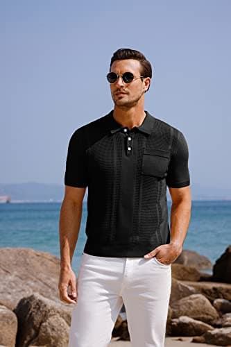 Golf Polo Shirts for Men Short Sleeve Lapel Collar Textured Knitting Polo Shirts Casual Tee Shirts Tops Black M - Thumbnail 2