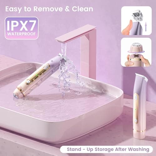 Lmpil Bikini Trimmer for Women, 2-in-1 Electric Razor with Dual Heads, Ceramic Blade, Waterproof & Rechargeable, Painless Pubic Hair Shaver for Bikini, Underarm, Legs, Face — PinkPurple - Thumbnail 3