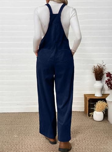 Happy Sailed Overalls for Women Winter Fall Corduroy Sleeveless Jumpsuits Casual Loose Wide Leg Pants Rompers with Pockets Navy Blue Small - Thumbnail 2