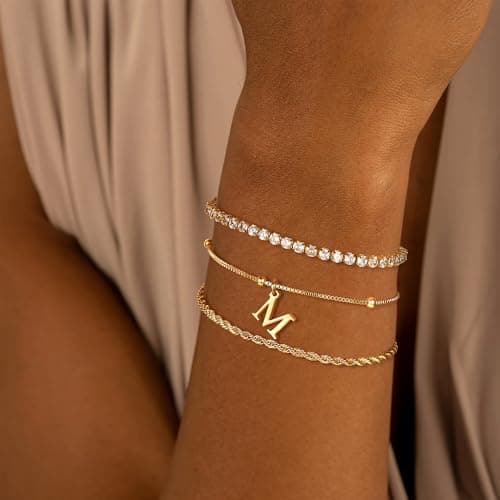 JIAOGE Gold Bracelets for Women - Gold Bracelet Stack Initial U Charm Bracelets for Women Stackable Rope Box Chain Tennis Bracelets Gold Jewelry for Women Gifts - Thumbnail 4