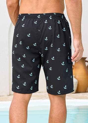 SILKWORLD Mens 9 Inch Stretch Swimming Shorts Compression Liner Swim Trunks Swimwear Bathing Suits Beach Wear Swim Suits, Blue Anchor, Medium - Thumbnail 3