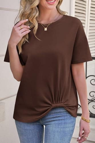 Cicy Bell Womens Summer Short Sleeve Tops Casual Crew Neck T-Shirts Loose Fit Twist Front Basic Tees Coffee - Thumbnail 6