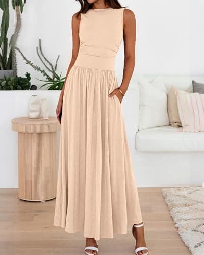 BTFBM Summer Maxi Dresses for Women 2026 Spring Sleeveless Casual Ruched High Waisted Long Sundress Flowy Beach Dress(Beige, XX-Large) - Thumbnail 2