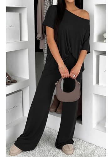KIRUNDO Lounge Sets for Women Airport Travel Outfit 2026 Summer Off the Shoulder Tops Wide Leg Pants 2 Piece Matching Set(Black, X-Large) - Thumbnail 6