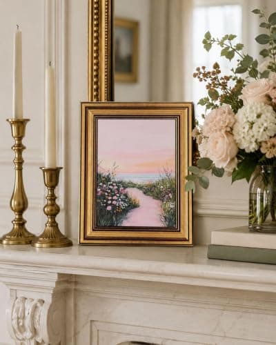 Gold Framed Wall Art, Pink Coastal Seascape Canvas Prints, Pink Sky Beach Wildflower Landscape Picture Wall Decor, Dreamy Beachy Aesthetic Artwork for Living Room Bedroom 12x16 inch - Thumbnail 4