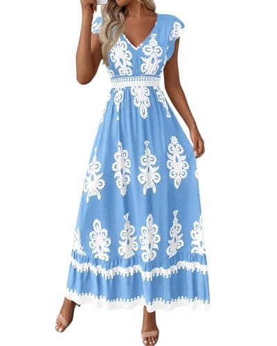 BTFBM Summer Dresses for Women Beach Fashion Floral Short Sleeve V Neck Boho Long Wedding Guest Maxi Dress Spring(Floral Black White,X-Large) - Image 1