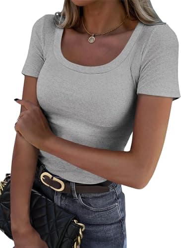 GKBK Womens Scoop Neck Short Sleeve Tops Ribbed Knit Slim Fitted Tight Layering Top Basic Tee Shirts Cute Summer Tops Casual Spring Outfits 2026 Trendy Grey - Image 1