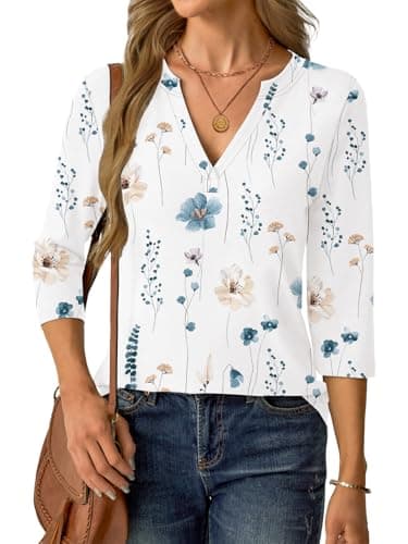 Womens Tops 3/4 Sleeve V Neck Spring Summer Work Tunic Shirts Business Dressy Casual Blouses White Floral - Thumbnail 2