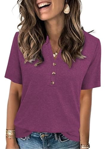 Short Sleeve Shirts for Women V Neck Button Tshirts Ladies Tops and Blouses Business Casual Summer Cute Clothes Red