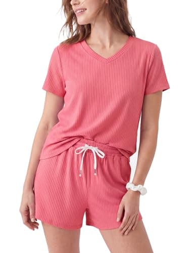 PATPAT Womens 2 Piece Pajamas Sets Ribbed Knit Casual Loungewear Short Sleeve Lounge Sets Summer Matching Pjs Outfit Hot Pink, M - Image 1