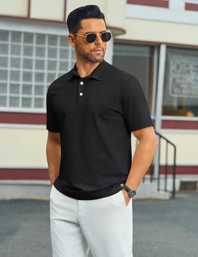 Cotrasen Mens Polo Shirts Cotton Short Sleeve Pique Button Golf Shirts Classic Fit Collared T-Shirts Black XL - Thumbnail 2
