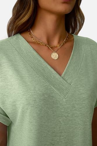 GKBK Womens Short Sleeve T Shirts V Neck Loose Fit Shirts Summer Casual Basic Tee Tops LightGreen S - Thumbnail 3