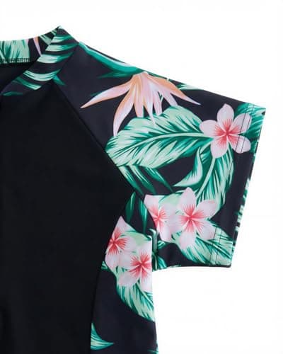 DivingBirds Girls Swimsuit 2 Piece Swim Set Short Sleeve Bathing Suit with Shorts Front Zip Modest Swimwear for Girls 9-10 Years Black Leaves - Thumbnail 6