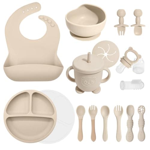 Baby Led Weaning Supplies, 17 Piece BPA-Free Silicone Feeding Set, Eating Essentials Baby Utensils with Suction Plate and Bowl, Pocket Bib, Sippy Cup with Lid, for 6+ Months, Beige - Image 1