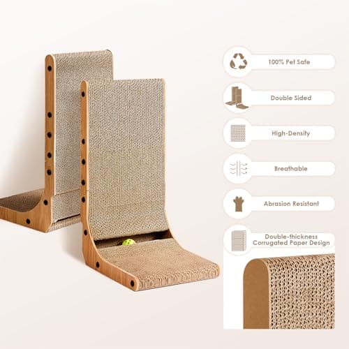 EHEYCIGA Cardboard Cat Scratcher for Indoor Cats, 26.8 Inch L Shaped Vertical Cat Scratching Board with Ball Cat Toy, Large Cat Scratcher Pad, Brown - Thumbnail 2