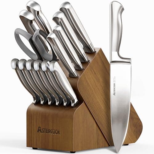 Astercook Knife Set, 15 Piece German Stainless Steel Kitchen Knife Set with Built-in Sharpener, One-Piece Knife Block Set with Wooden Block Rust-Resistant Dishwasher Safe Knives Set for Kitchen Gift