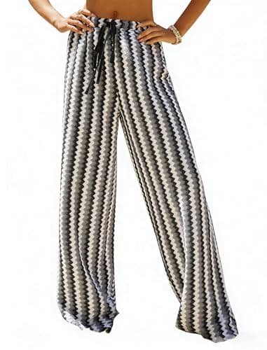 ZAFUL Womens Beach Cover Up Pants Sexy Crochet Drawstring Elastic Boho Swimsuit Cover Up Long Pants Beach Wear Black&White Stripes L - Image 1