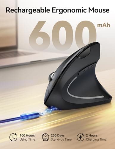 TECKNET Rechargeable Wireless Ergonomic Mouse,2.4GHz USB Vertical Mouse with Silent Click,4800 DPI Mouse with 6 Adjustable DPI,6-Button Computer Mouse for Laptop,PC, MacBook (No Batteries Needed) - Thumbnail 2