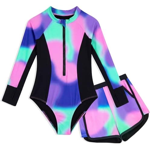 HOZIY Girls Rash Guard Swimsuit Juniors One Piece Long Sleeve Swimsuits Size 9-10 Kids Zipper Rashguard Bathing Suits with Swim Shorts Black Tie Dye - Image 1