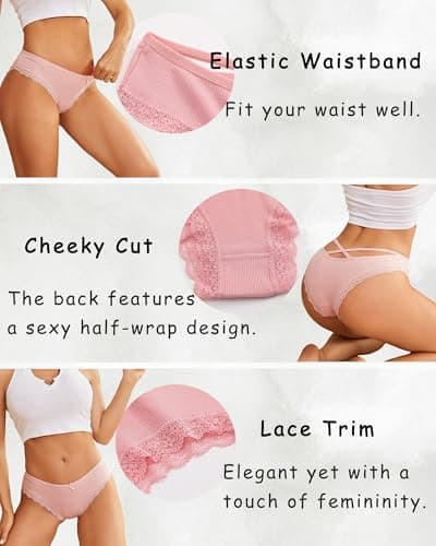 ALL OF ME Women Cotton Underwear Sexy Criss Cross Lace Trim Low Rise Lingerie Wife Gift Cheeky Bikini Panties 6 Pack - Thumbnail 5