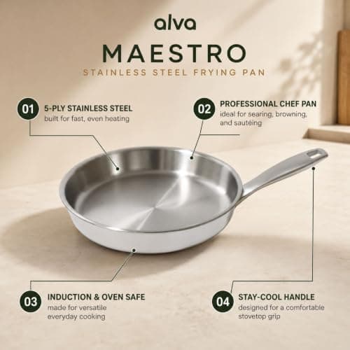 Alva Maestro 8” Stainless Steel Frying Pan – 5-Ply Skillet, Induction & Oven Safe, Professional Chef Pan with Stay-Cool Handle, Fast & Even Heating Stainless Steel Cookware - Thumbnail 2