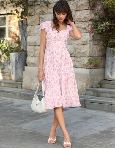 Belle Poque Women's Sweatheart Neck Ruffle Cap Sleeve Floral Dress 2026 Summer Midi Elegant Cocktail Party Dress Small - Thumbnail 3