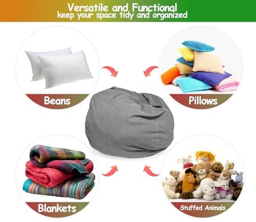 Premium Corduroy Stuffed Animal Storage Bean Bag Chair Cover (No Filler) For Organizing Plush Toys Or Textile Stuffable Bean Bag Sack For Adults Lazy Chair Playroom Washable Cover - Thumbnail 4