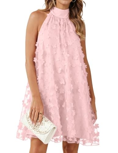 Gleeneat Womens Summer Halter Bridal Shower Cocktail Short Wedding Guest Tulle Floral Dresses for Bride 2026 A Line Homecoming Formal Rehearsal Dinner Engagement Dress Flowy Dress Outfit Light Pink